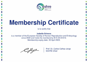 Сертификат членства ESHRE 2022. АльтраВита.